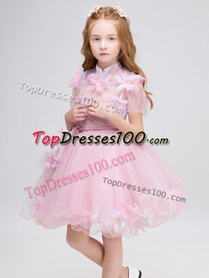 Baby Pink Short Sleeves Mini Length Appliques Zipper Flower Girl Dresses for Less