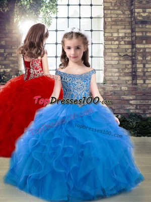 Superior Blue Sleeveless Tulle Lace Up Little Girl Pageant Gowns for Party and Wedding Party