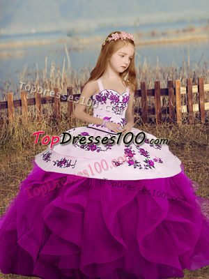 Superior Sleeveless Floor Length Lace Up Little Girls Pageant Gowns in Fuchsia with Embroidery and Ruffles