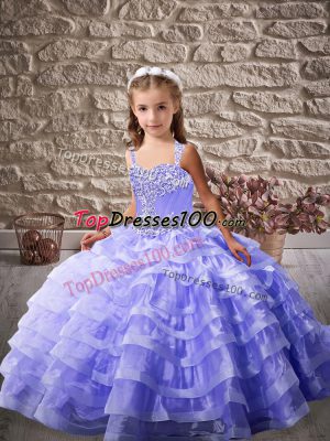 Custom Design Lavender Sleeveless Organza Lace Up Kids Formal Wear for Party and Sweet 16 and Wedding Party