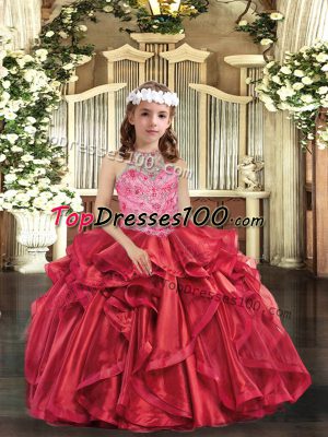 Classical Red Ball Gowns Beading and Ruffles Little Girl Pageant Gowns Lace Up Organza Sleeveless Floor Length