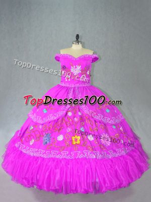 Low Price Fuchsia Lace Up Sweet 16 Quinceanera Dress Embroidery Sleeveless Floor Length