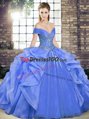 Elegant Blue Lace Up Sweet 16 Dress Beading and Ruffles Sleeveless Floor Length