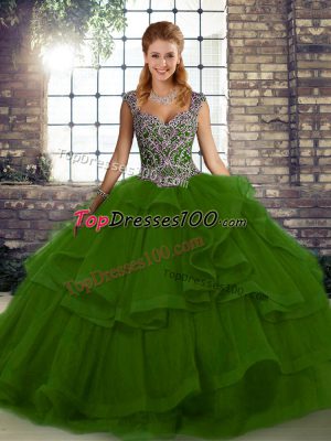Green Quinceanera Dress Military Ball and Sweet 16 and Quinceanera with Beading and Ruffles Straps Sleeveless Lace Up