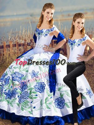 Luxury Two Pieces Quince Ball Gowns Blue And White Off The Shoulder Satin Sleeveless Floor Length Lace Up