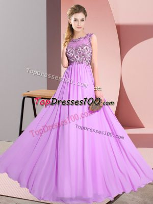 Glittering Scoop Sleeveless Vestidos de Damas Floor Length Beading and Appliques Lilac Chiffon