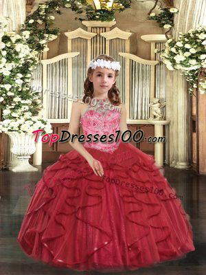 Perfect Floor Length Ball Gowns Sleeveless Red Little Girl Pageant Dress Lace Up