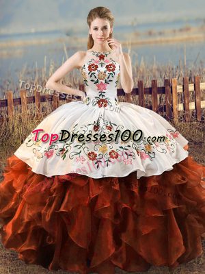 Custom Designed Halter Top Sleeveless Organza Ball Gown Prom Dress Embroidery and Ruffles Lace Up