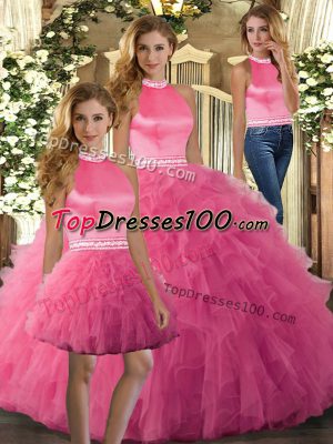 Best Selling Floor Length Backless Sweet 16 Quinceanera Dress Hot Pink for Sweet 16 and Quinceanera with Ruffles