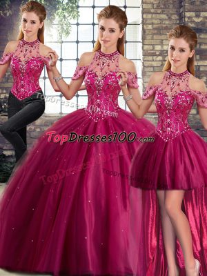 Fuchsia Three Pieces Tulle Halter Top Sleeveless Beading Lace Up Sweet 16 Dress Brush Train