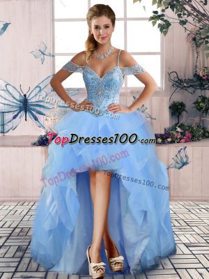 Exquisite A-line Club Wear Light Blue Off The Shoulder Tulle Sleeveless High Low Lace Up