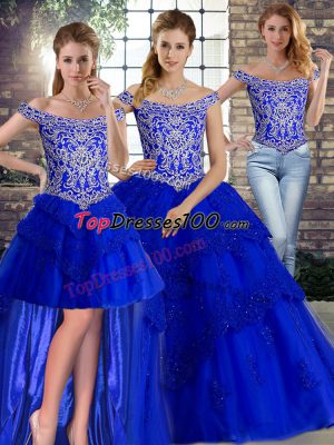 Inexpensive Off The Shoulder Sleeveless Ball Gown Prom Dress Brush Train Beading and Lace Royal Blue Tulle