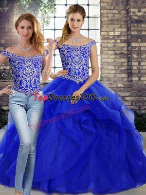 Royal Blue Tulle Lace Up Off The Shoulder Sleeveless Sweet 16 Dresses Brush Train Beading and Ruffles