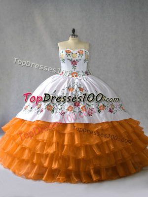Orange Organza Lace Up Sweetheart Sleeveless Floor Length Sweet 16 Quinceanera Dress Embroidery and Ruffled Layers