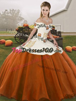 Best Rust Red Ball Gowns Organza Off The Shoulder Sleeveless Embroidery Floor Length Lace Up Sweet 16 Dresses