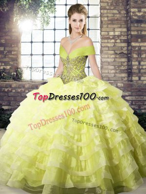 Sumptuous Yellow Ball Gowns Off The Shoulder Sleeveless Organza Brush Train Lace Up Beading and Ruffled Layers Quince Ball Gowns