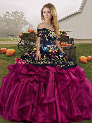 Designer Floor Length Lace Up Quinceanera Dress Fuchsia for Military Ball and Sweet 16 and Quinceanera with Embroidery and Ruffles