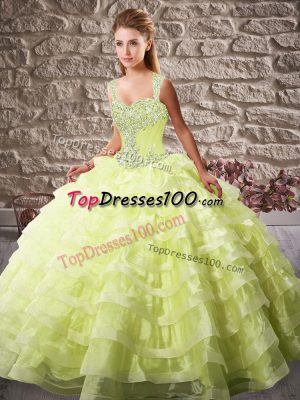 Yellow Green Ball Gowns Beading and Ruffled Layers Quinceanera Dress Lace Up Organza Sleeveless