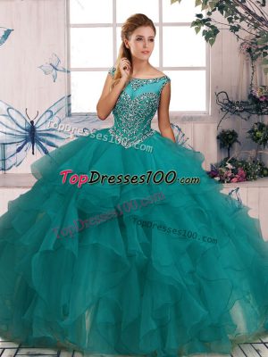 Turquoise Ball Gowns Scoop Sleeveless Organza Floor Length Zipper Beading and Ruffles Sweet 16 Dress