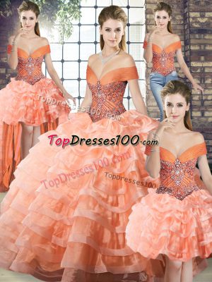 Peach Sleeveless Organza Brush Train Lace Up Quinceanera Gown for Military Ball and Sweet 16 and Quinceanera