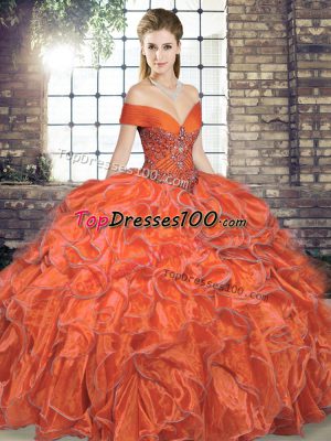 Organza Off The Shoulder Sleeveless Lace Up Beading and Ruffles 15th Birthday Dress in Orange Red