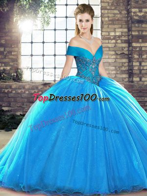 Pretty Blue Ball Gowns Beading Ball Gown Prom Dress Lace Up Organza Sleeveless