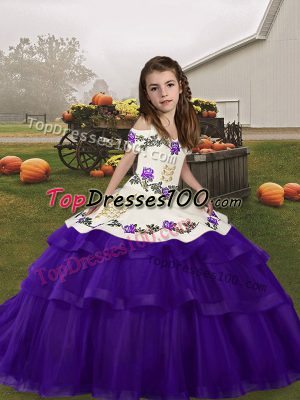 Floor Length Purple Winning Pageant Gowns Straps Sleeveless Lace Up