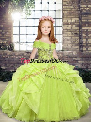 Amazing Floor Length Lace Up Child Pageant Dress Yellow Green for Party and Wedding Party with Beading and Ruffles