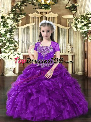 Affordable Straps Sleeveless Kids Formal Wear Floor Length Beading and Ruffles Purple Organza