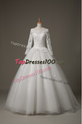 Dramatic White 3 4 Length Sleeve Tulle Brush Train Lace Up Wedding Gown for Wedding Party
