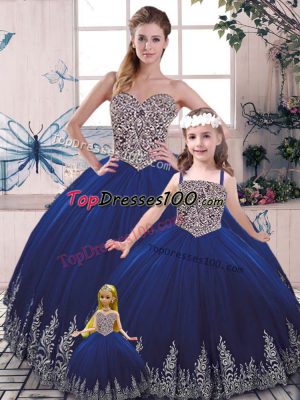 Stylish Royal Blue Lace Up Vestidos de Quinceanera Beading and Appliques Sleeveless Floor Length