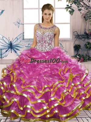 Floor Length Ball Gowns Sleeveless Fuchsia Vestidos de Quinceanera Lace Up