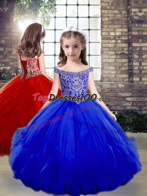 Royal Blue Off The Shoulder Neckline Beading Kids Formal Wear Sleeveless Side Zipper