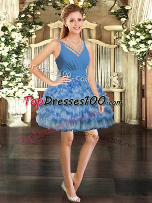 Designer Blue V-neck Backless Ruffled Layers Prom Party Dress Sleeveless