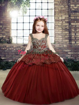 Custom Fit Red Tulle Lace Up Little Girls Pageant Gowns Sleeveless Floor Length Beading
