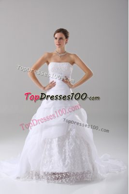 Affordable White Wedding Dresses Wedding Party with Beading and Lace Strapless Sleeveless Brush Train Lace Up