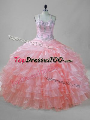 Exceptional Ball Gowns Vestidos de Quinceanera Pink Halter Top Organza Sleeveless Floor Length Lace Up