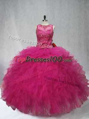 Decent Fuchsia Sleeveless Beading and Ruffles Floor Length 15th Birthday Dress