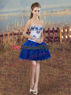 Royal Blue Lace Up Juniors Party Dress Embroidery and Ruffled Layers Sleeveless Mini Length