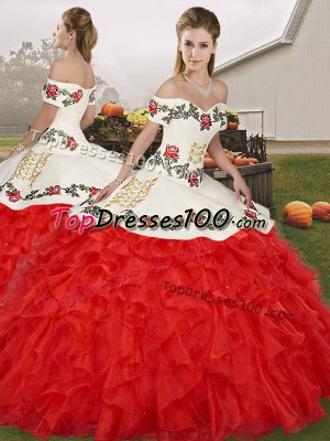 Elegant White And Red Off The Shoulder Neckline Embroidery and Ruffles 15 Quinceanera Dress Sleeveless Lace Up