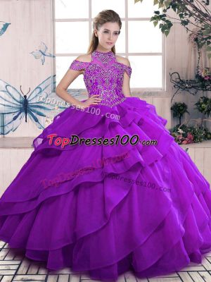 Glittering Floor Length Purple Quinceanera Dresses Organza Sleeveless Beading and Ruffles
