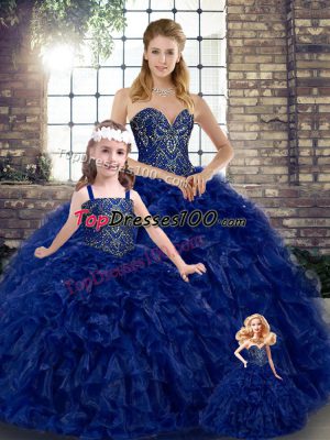 Sweetheart Sleeveless Quinceanera Dress Floor Length Beading and Ruffles Royal Blue Organza