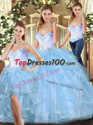 High Quality Blue Organza Lace Up Quinceanera Dress Sleeveless Floor Length Beading and Ruffles