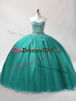 Turquoise Ball Gowns Beading Vestidos de Quinceanera Lace Up Tulle Sleeveless Floor Length