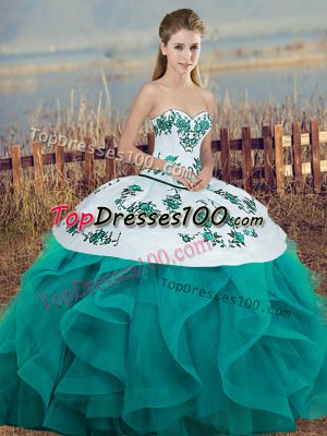 Ideal Turquoise Sweetheart Lace Up Embroidery and Ruffles and Bowknot Sweet 16 Quinceanera Dress Sleeveless
