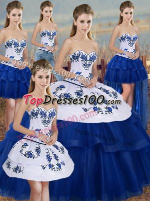 Sumptuous Royal Blue Tulle Lace Up Sweetheart Sleeveless Floor Length Sweet 16 Dresses Embroidery and Bowknot