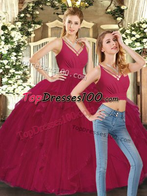 Flirting Floor Length Lace Up 15th Birthday Dress Red for Sweet 16 and Quinceanera with Ruffles