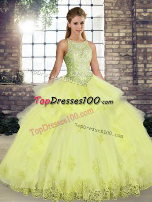 Comfortable Sleeveless Lace Up Floor Length Lace and Embroidery and Ruffles Sweet 16 Quinceanera Dress