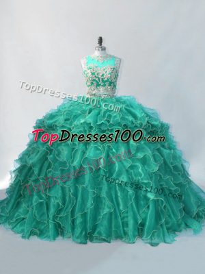 Custom Fit Zipper 15th Birthday Dress Turquoise for Sweet 16 and Quinceanera with Beading and Ruffles Brush Train