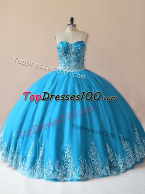 Floor Length Lace Up Quince Ball Gowns Baby Blue for Sweet 16 and Quinceanera with Embroidery